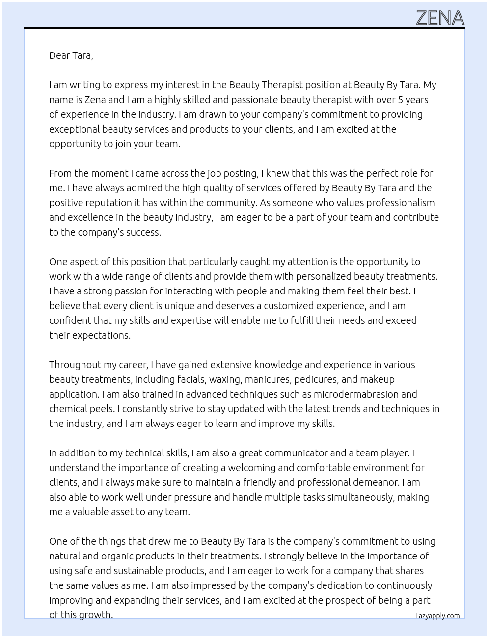 Beauty Therapist At Beauty By Tara Cover Letter