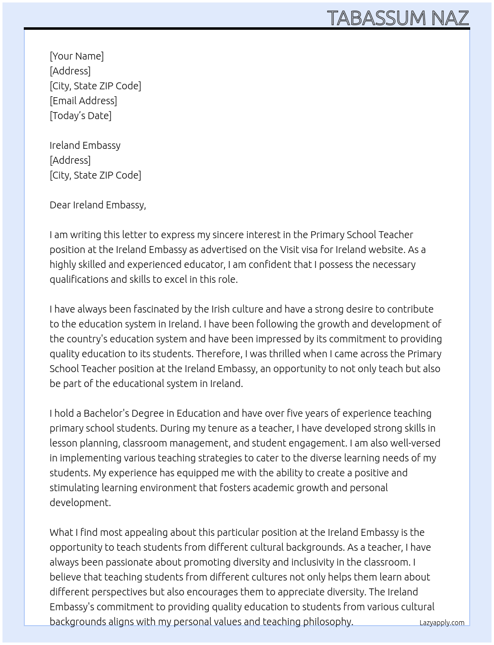 Primary School Teacher At Visit visa for Ireland Cover Letter