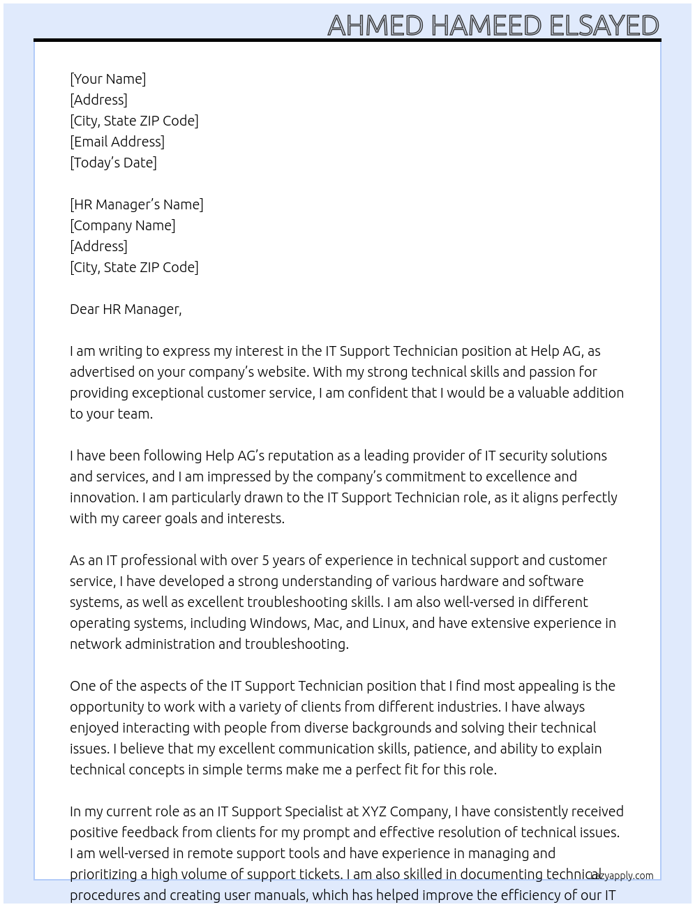 IT Support Technician At Help AG Cover Letter