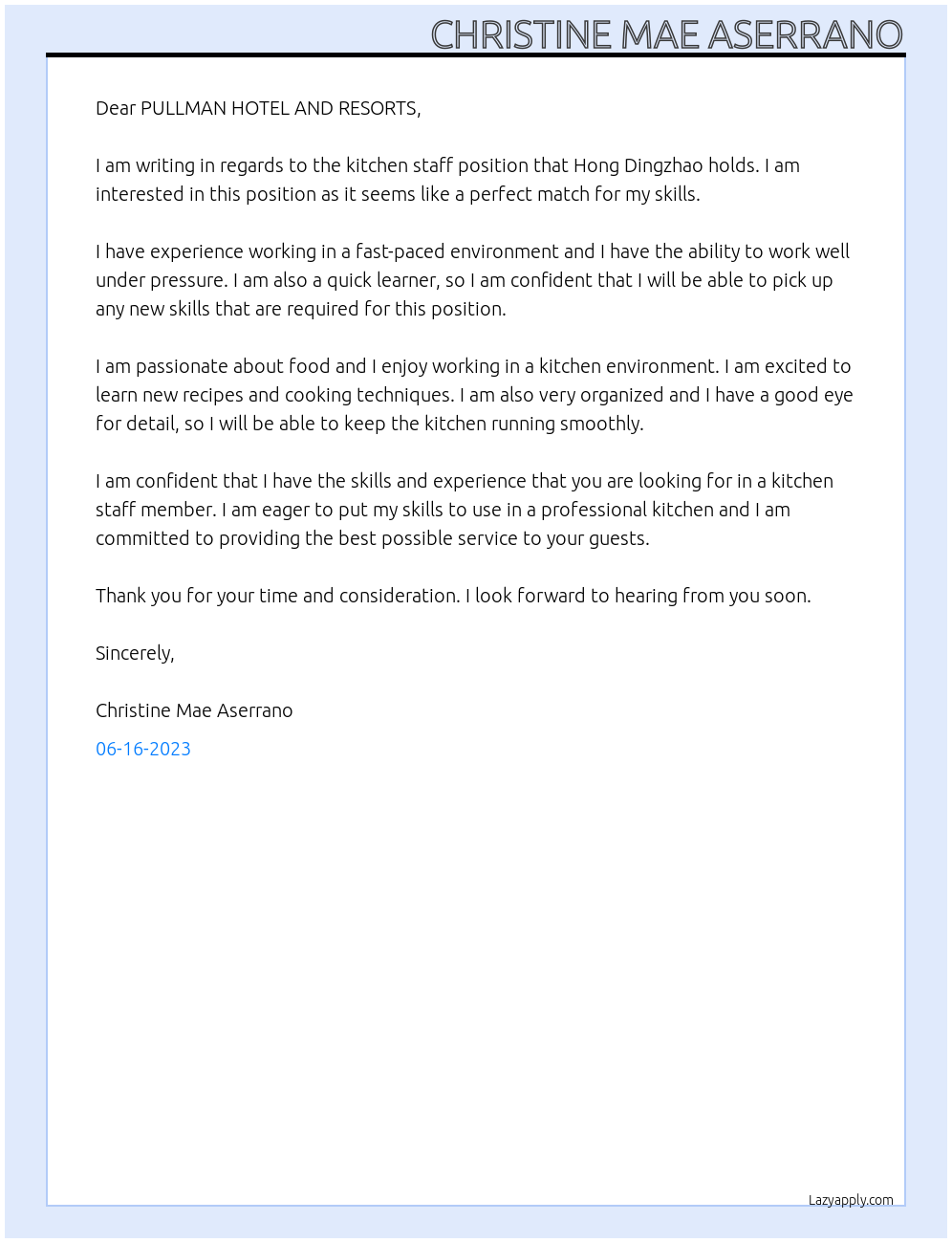 Kitchen staff At PULLMAN HOTEL AND RESORTS Cover Letter