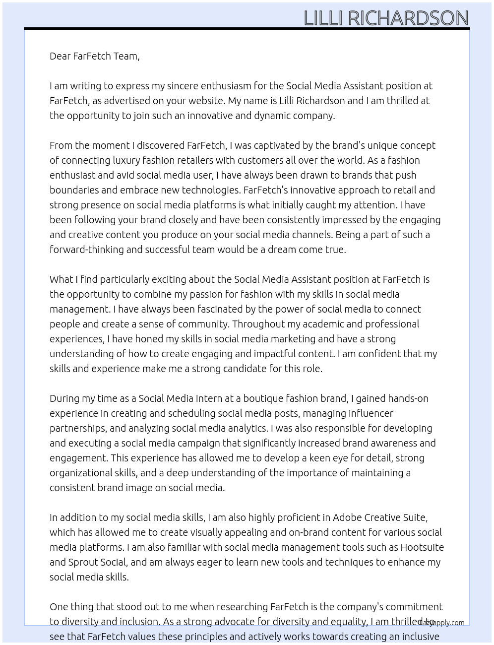 Social Media Assistant At FarFetch Cover Letter