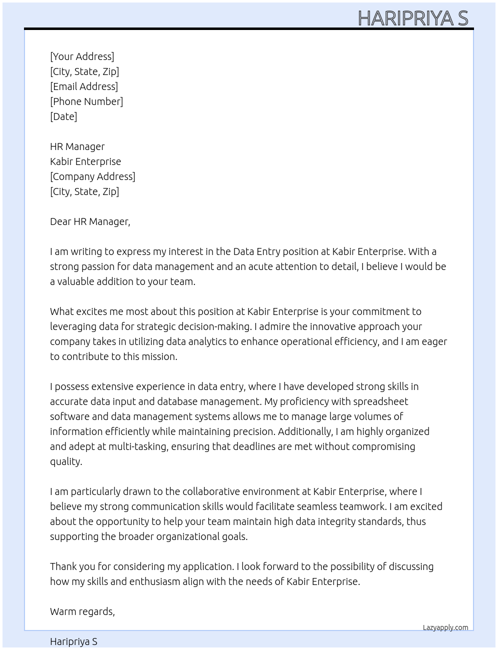 Data entry At Kabir enterprise Cover Letter