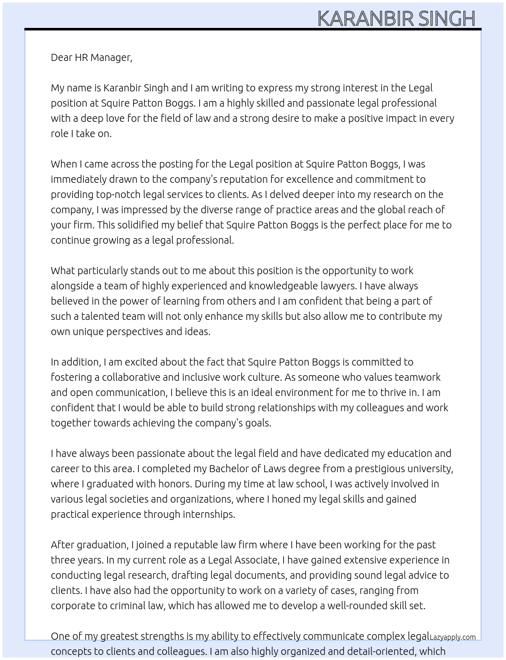 Legal At Squire potton boggs Cover Letter