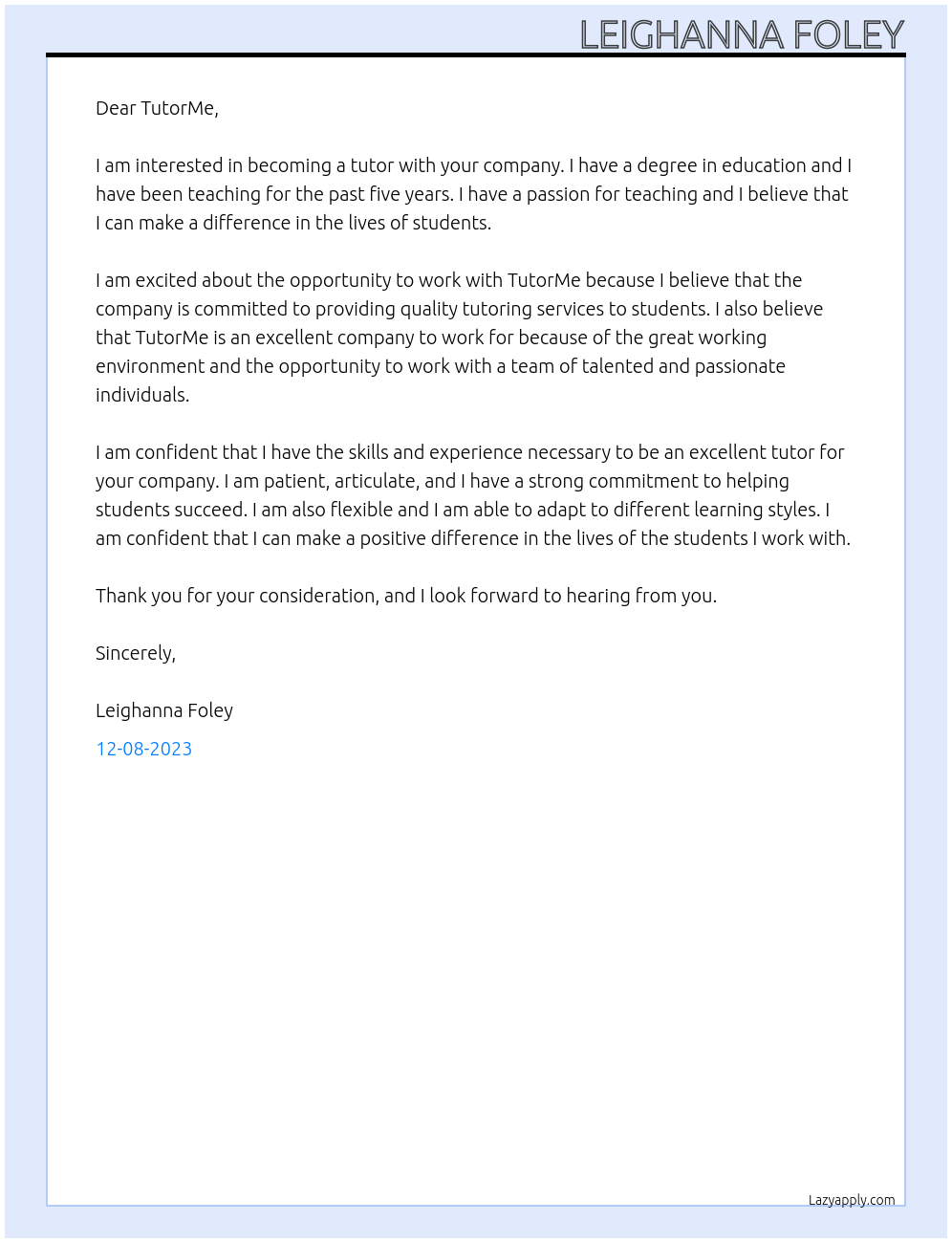 Tutor At TutorMe Cover Letter