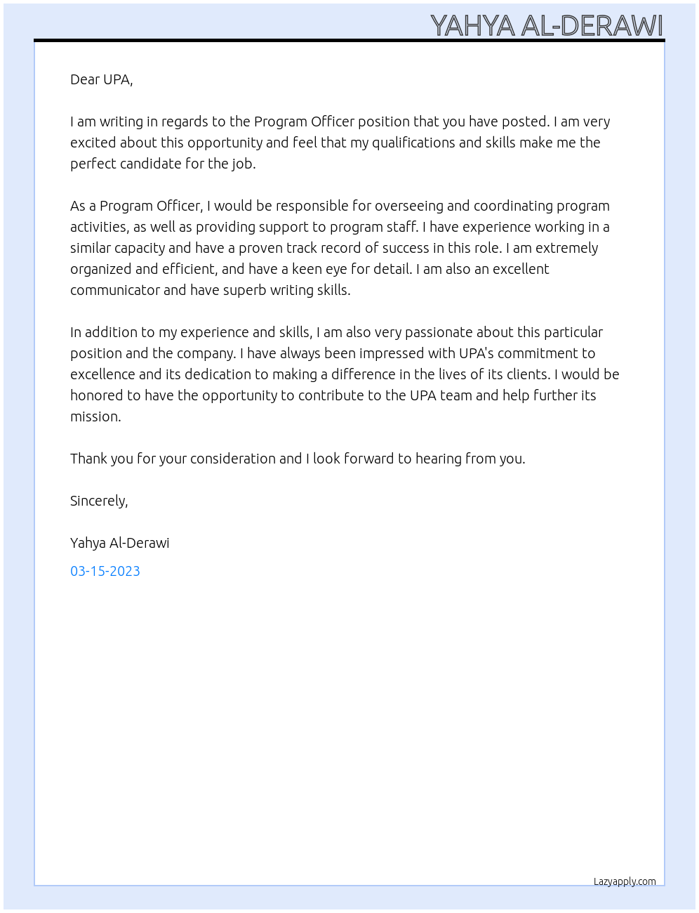 Program Officer At UPA Cover Letter