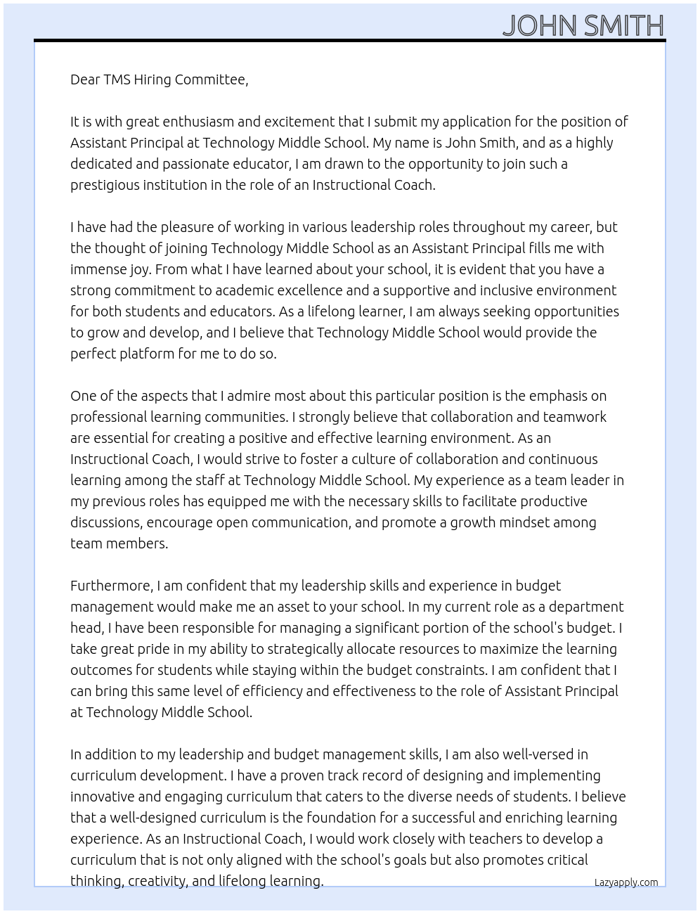 Assistant Principal At Technology MIddle School Cover Letter