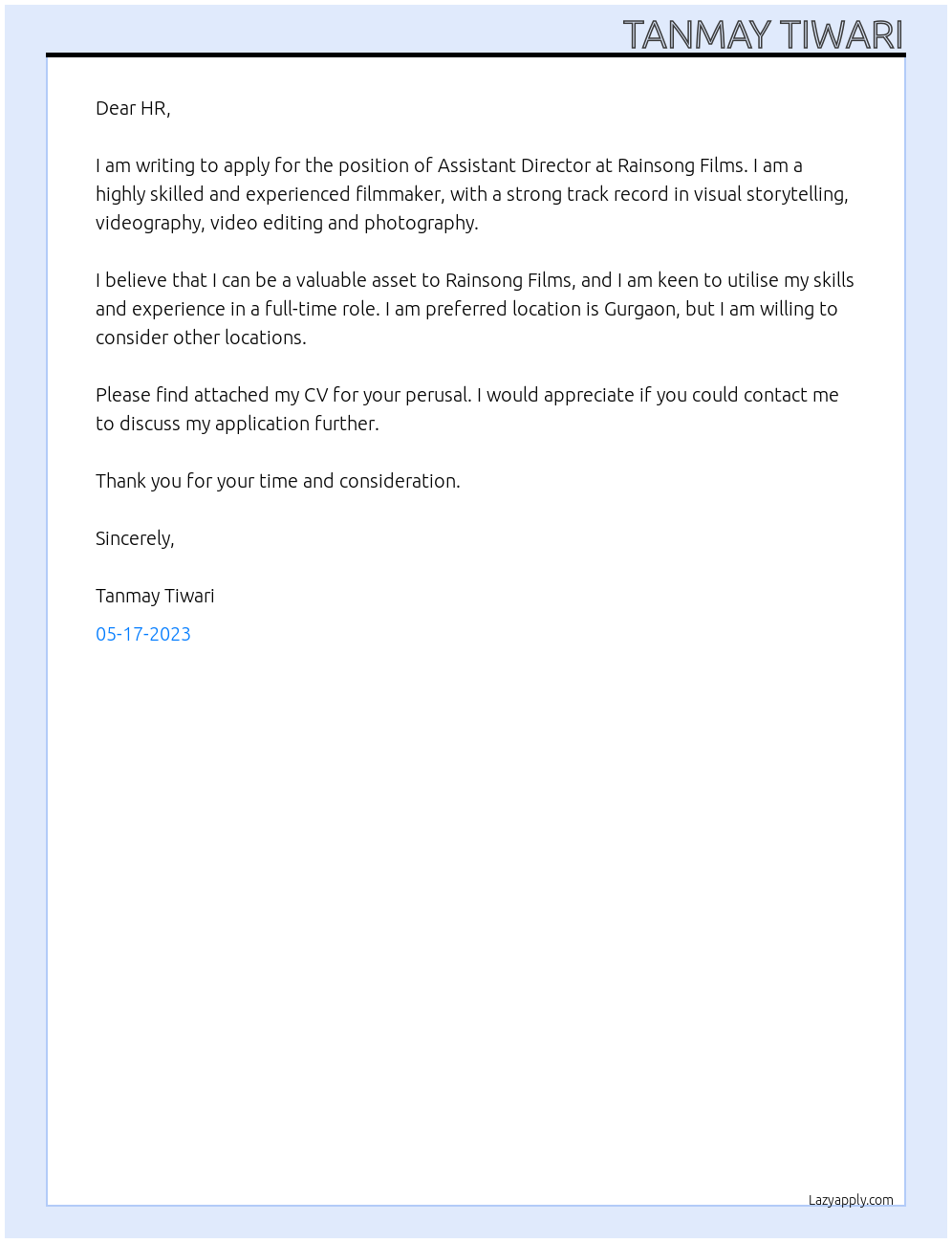 Assistant Director At Rainsong Films Cover Letter