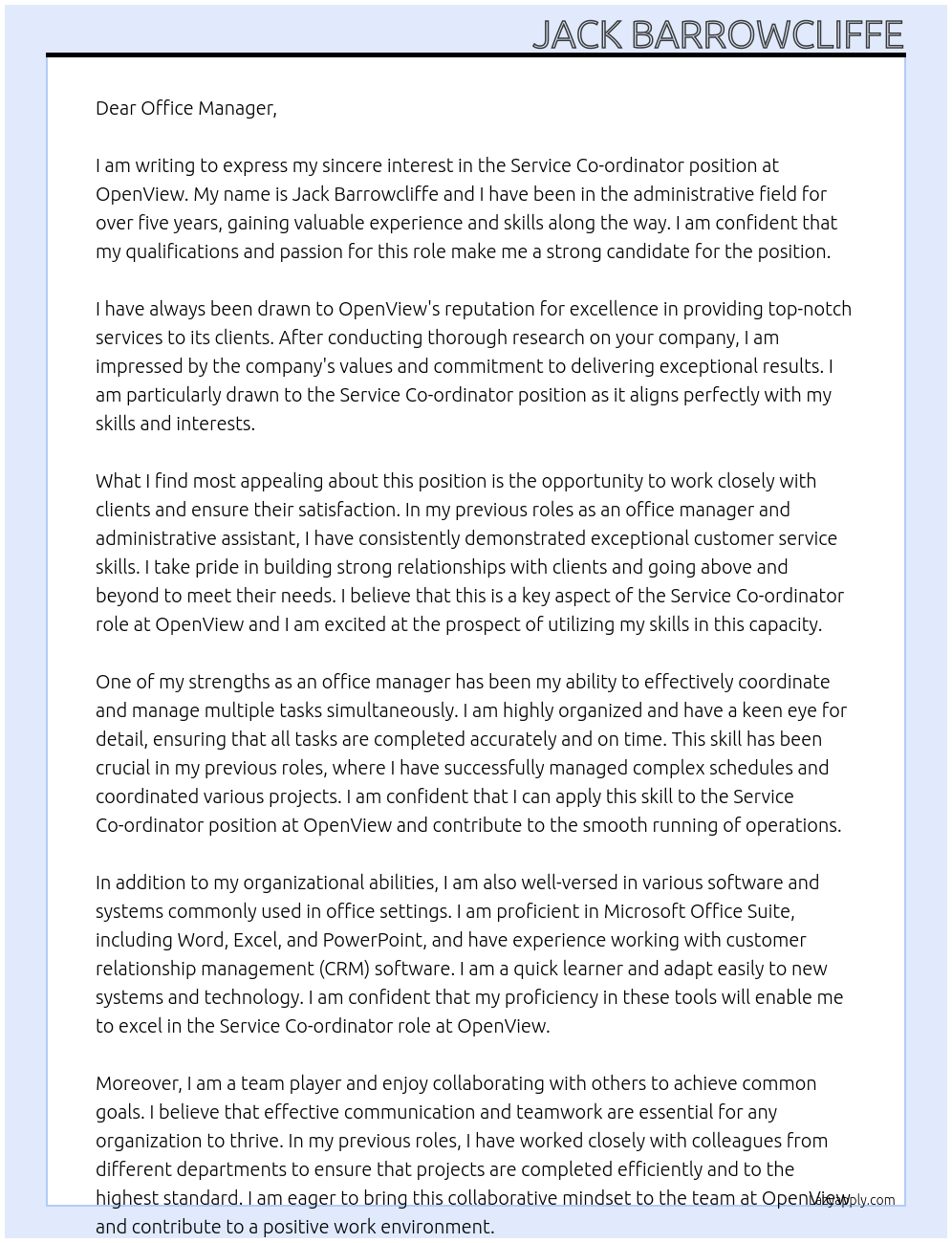 Service Co-ordinator At OpenView Cover Letter