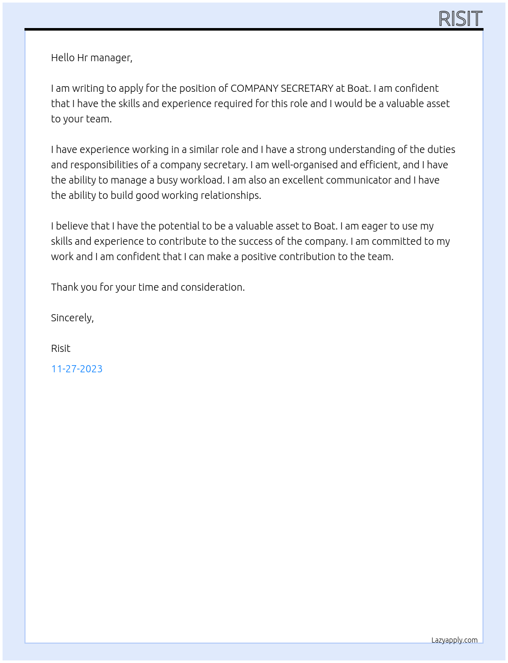 COMPANY SECRETARY At Boat Cover Letter