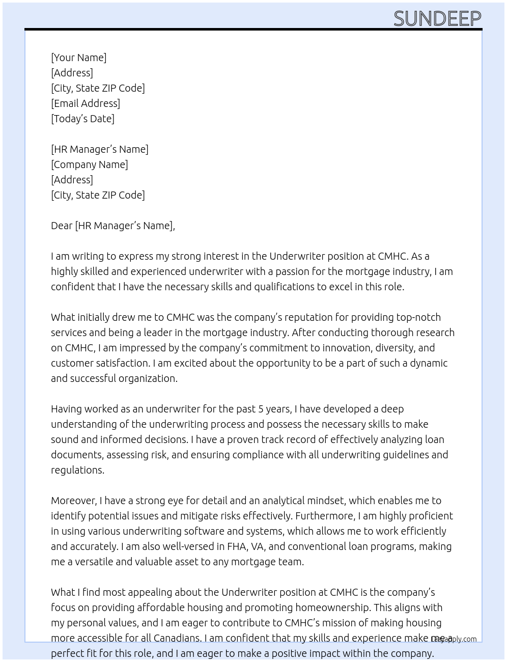 Underwriter At CMHC Cover Letter