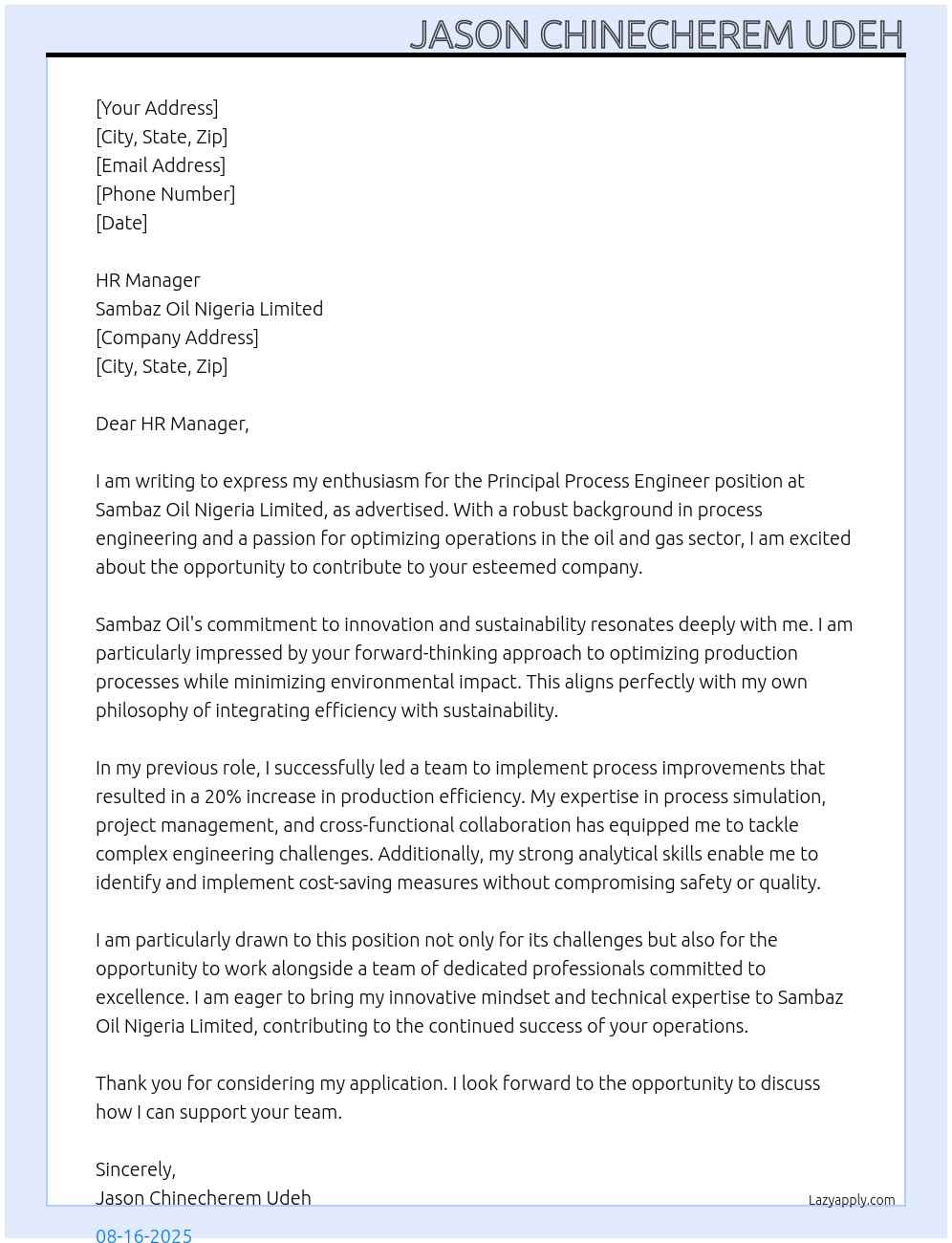 Cover letter for principal process engineer - LazyApply