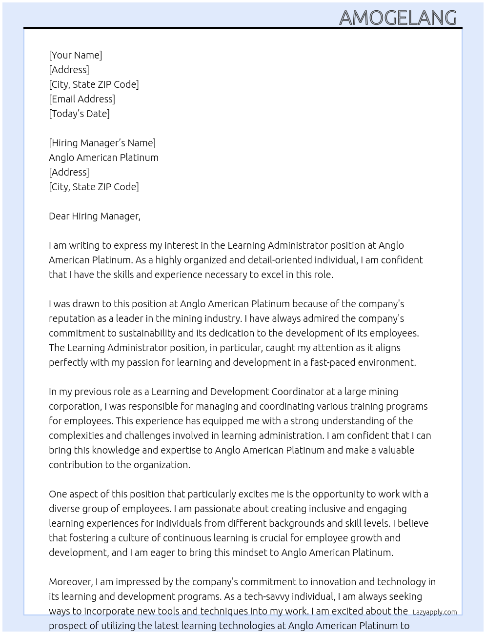 Learning Administrator  At Anglo American Platinum  Cover Letter