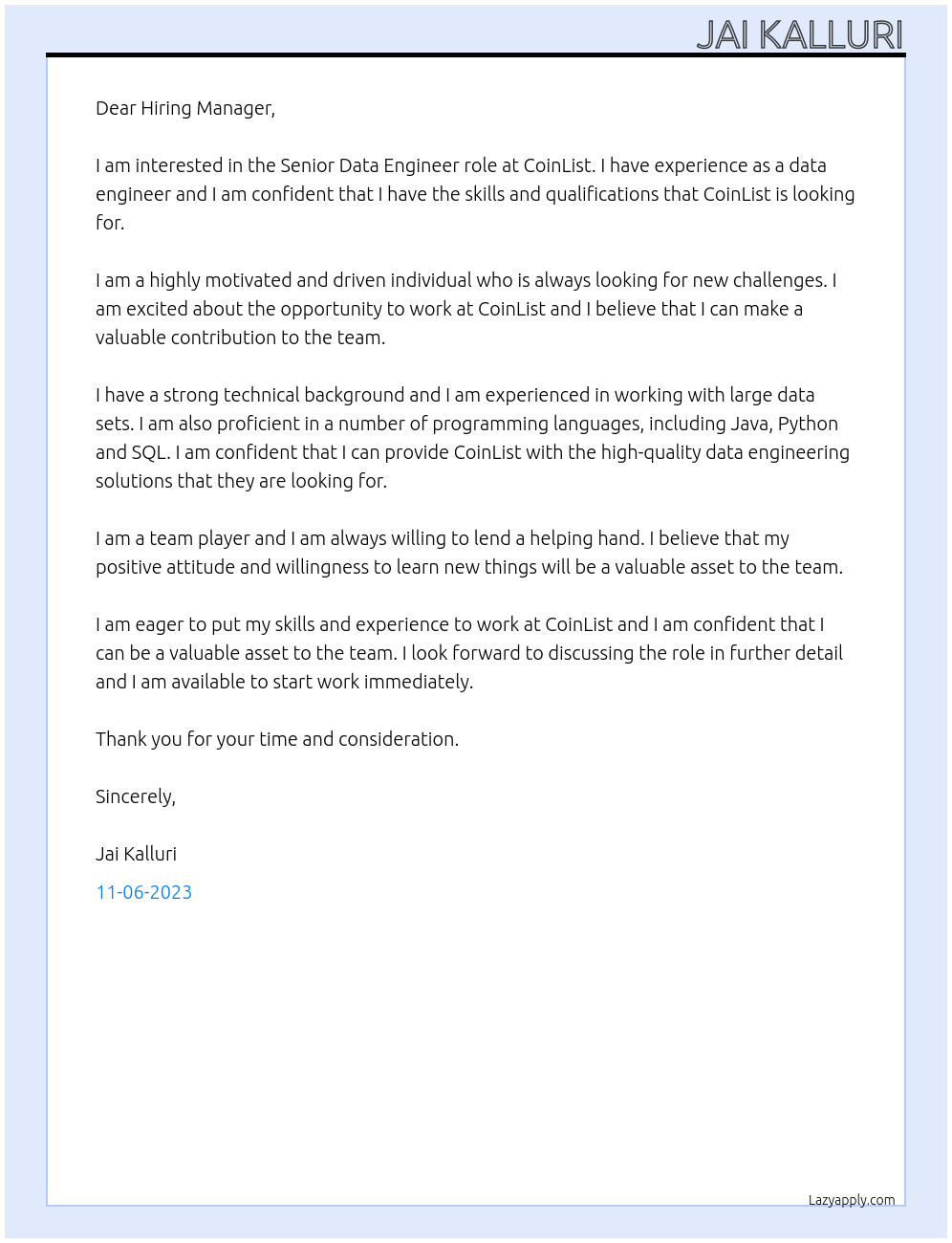 Senior Data Engineer At CoinList Cover Letter