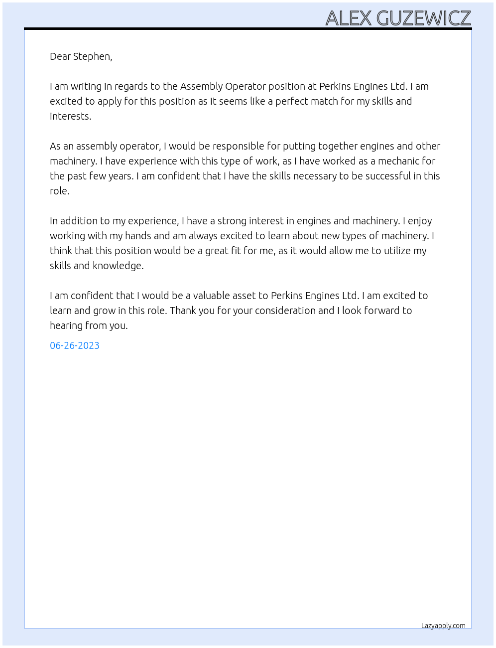 Assembly Operator At Perkins Engines Ltd Cover Letter