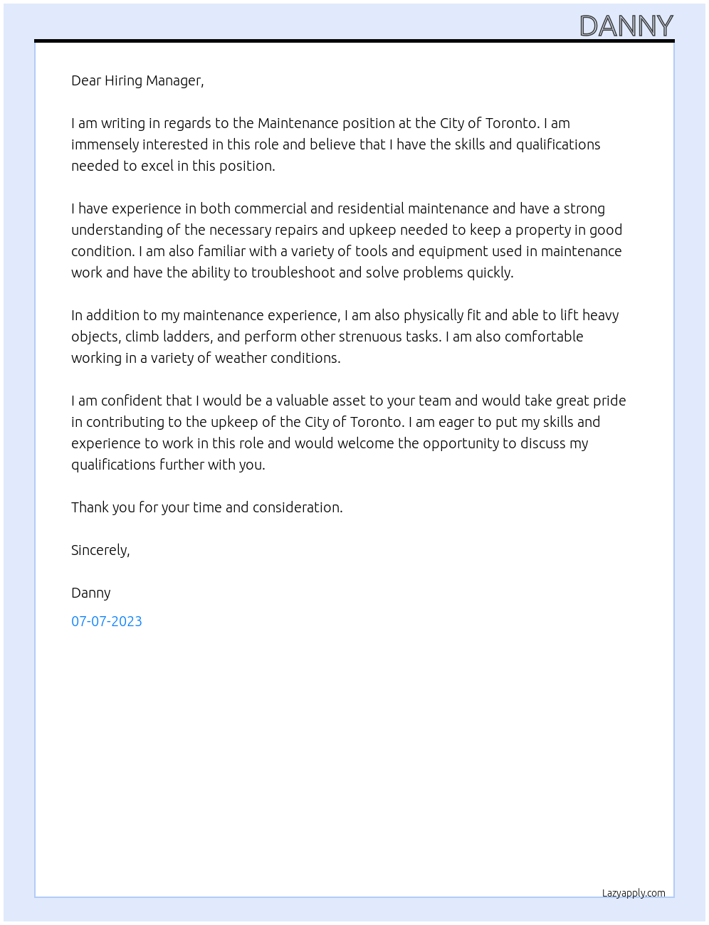 Maintenance  At City of toronto Cover Letter