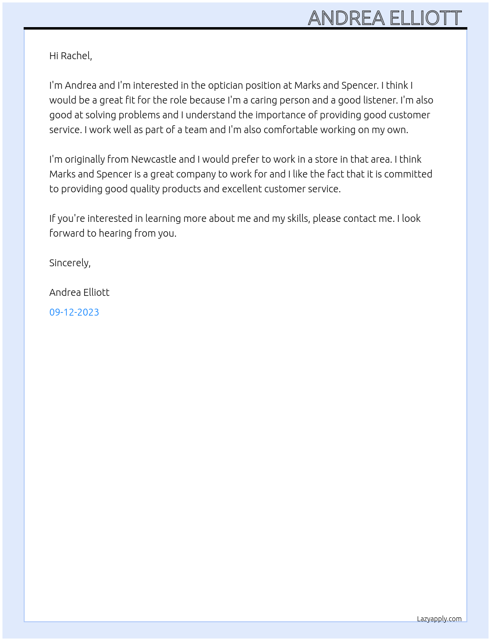 Optician At Marks and Spencer  Cover Letter