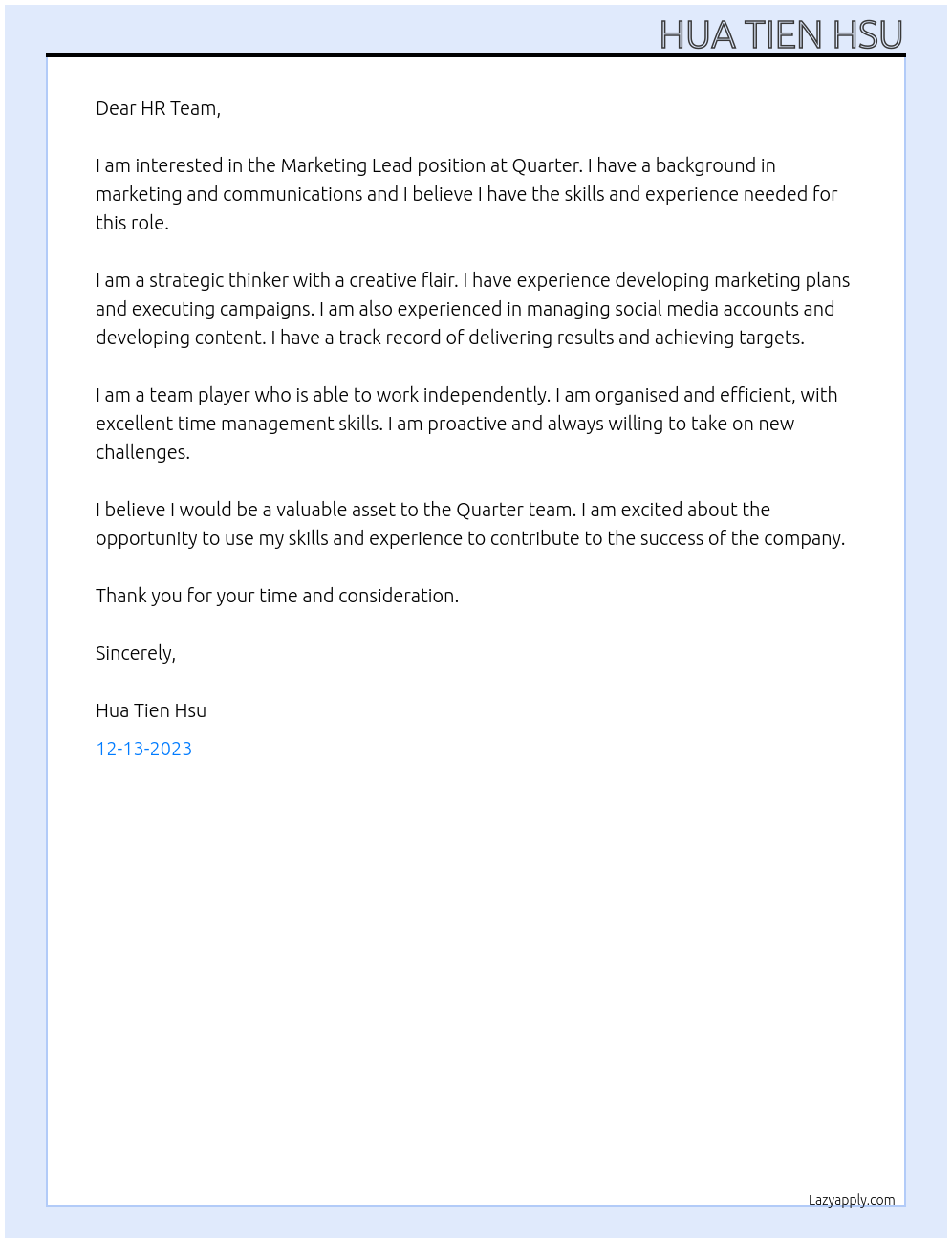 Marketing Lead At Quarter Cover Letter