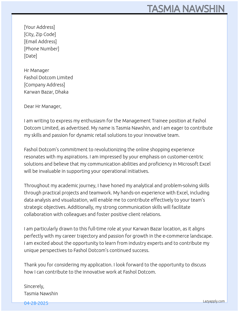 Management Trainee At Fashol Dotcom Limited Cover Letter