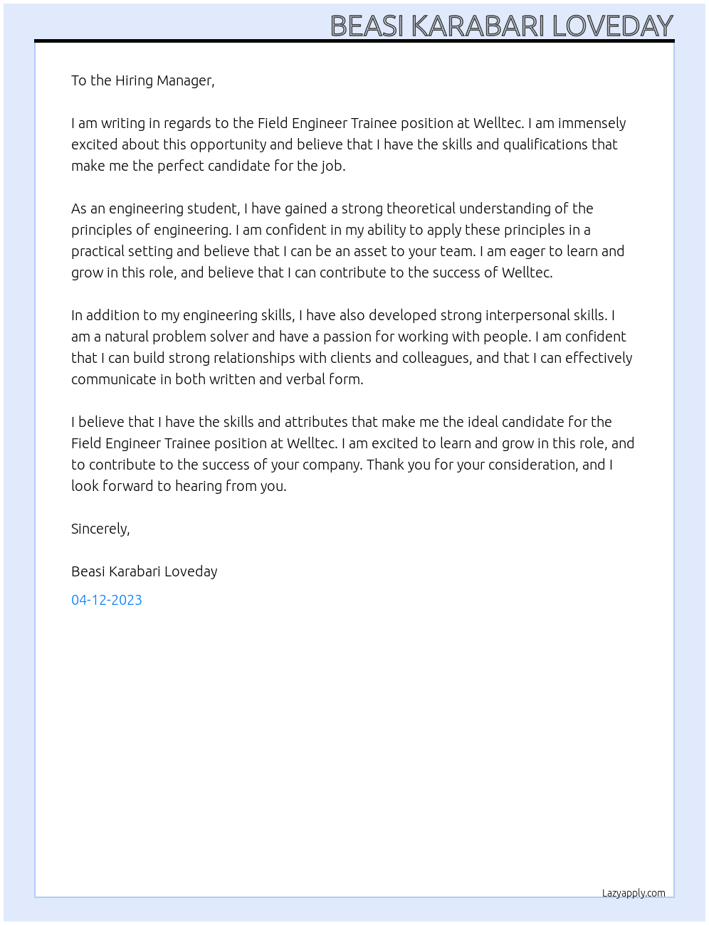 Field engineer trainee At Welltec Cover Letter