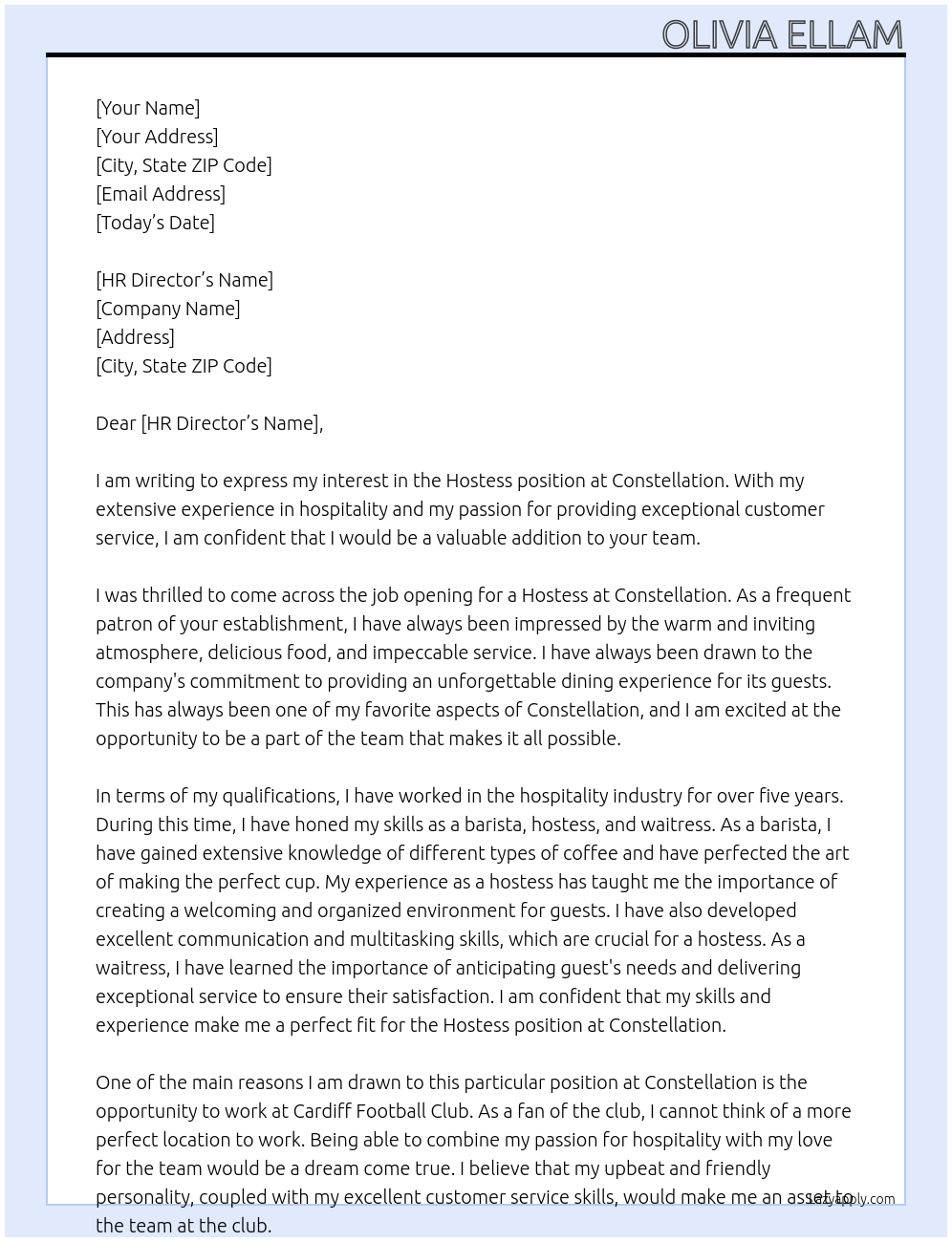 Hostess At Constellation Cover Letter