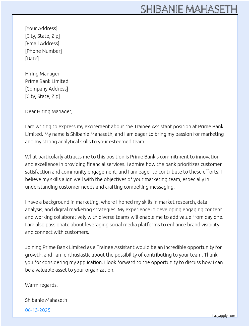 Trainee Assistant At Prime Bank Limited Cover Letter