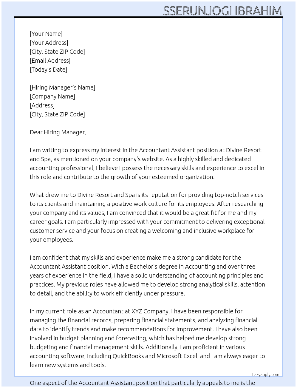 Accountant assistant At Divine Resort and Spa Cover Letter