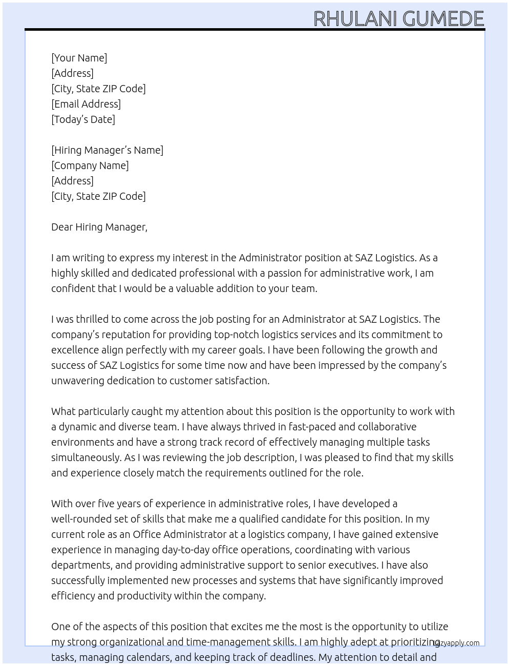 Administrator At SAZ Logistics Cover Letter