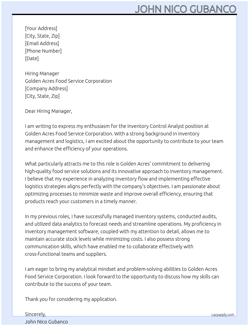 Cover letter for inventory control analyst - LazyApply
