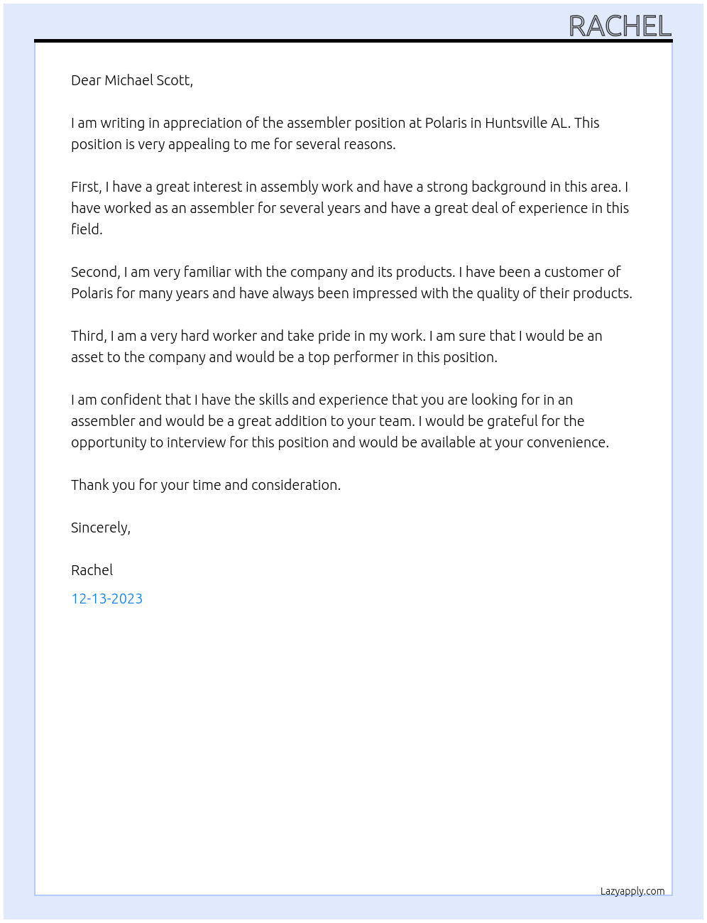 assembler At Polaris, Huntsville AL Cover Letter