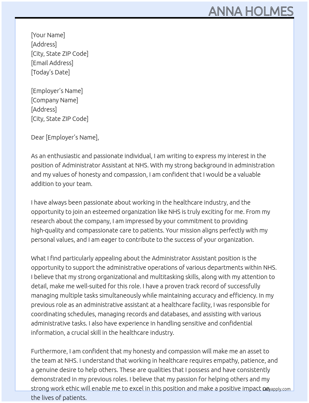 Administrator Assistant At NHS Cover Letter