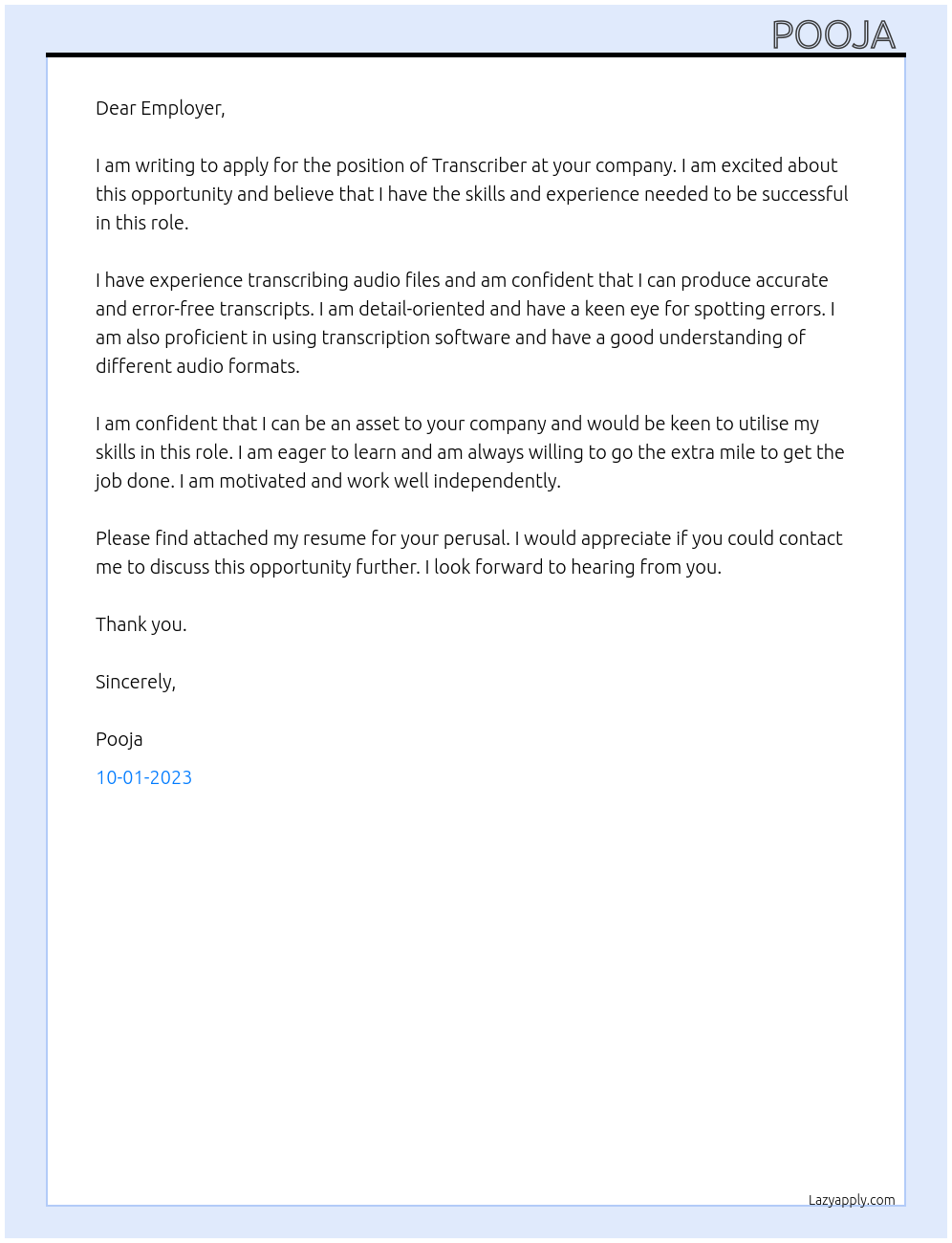 Transcriber At Employer Cover Letter