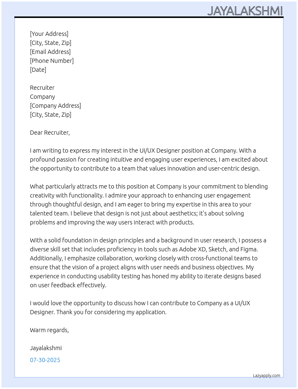 uiux designer At company Cover Letter