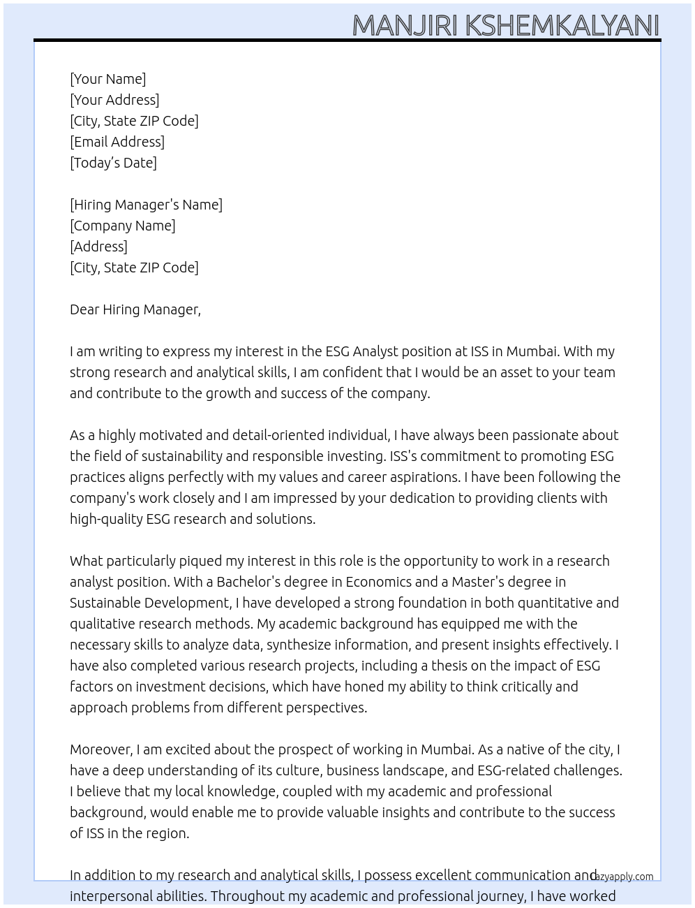 ESG Analyst At ISS Cover Letter