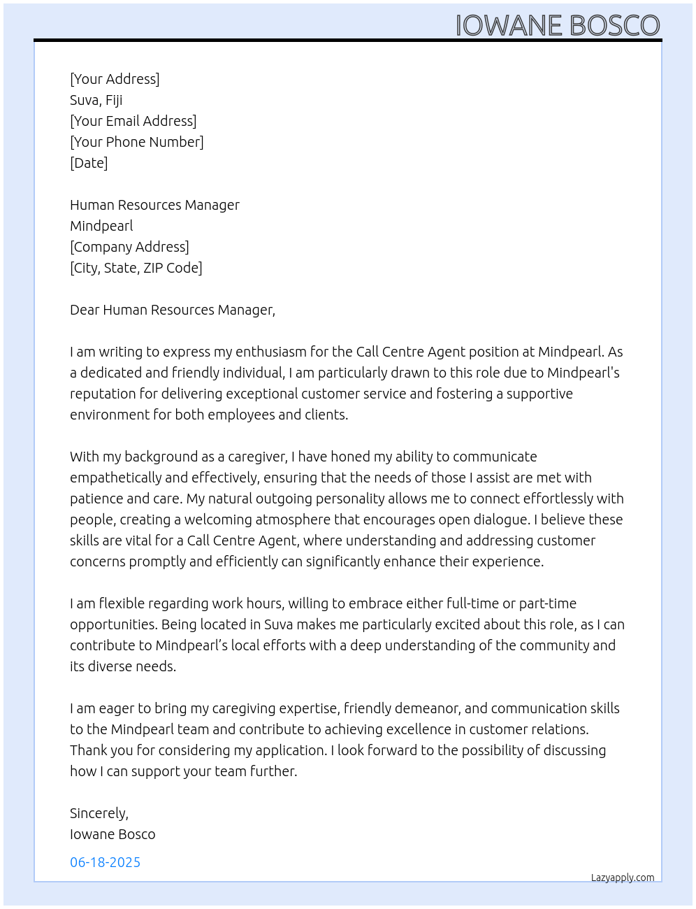 Call Centre agent  At Mindpearl Cover Letter