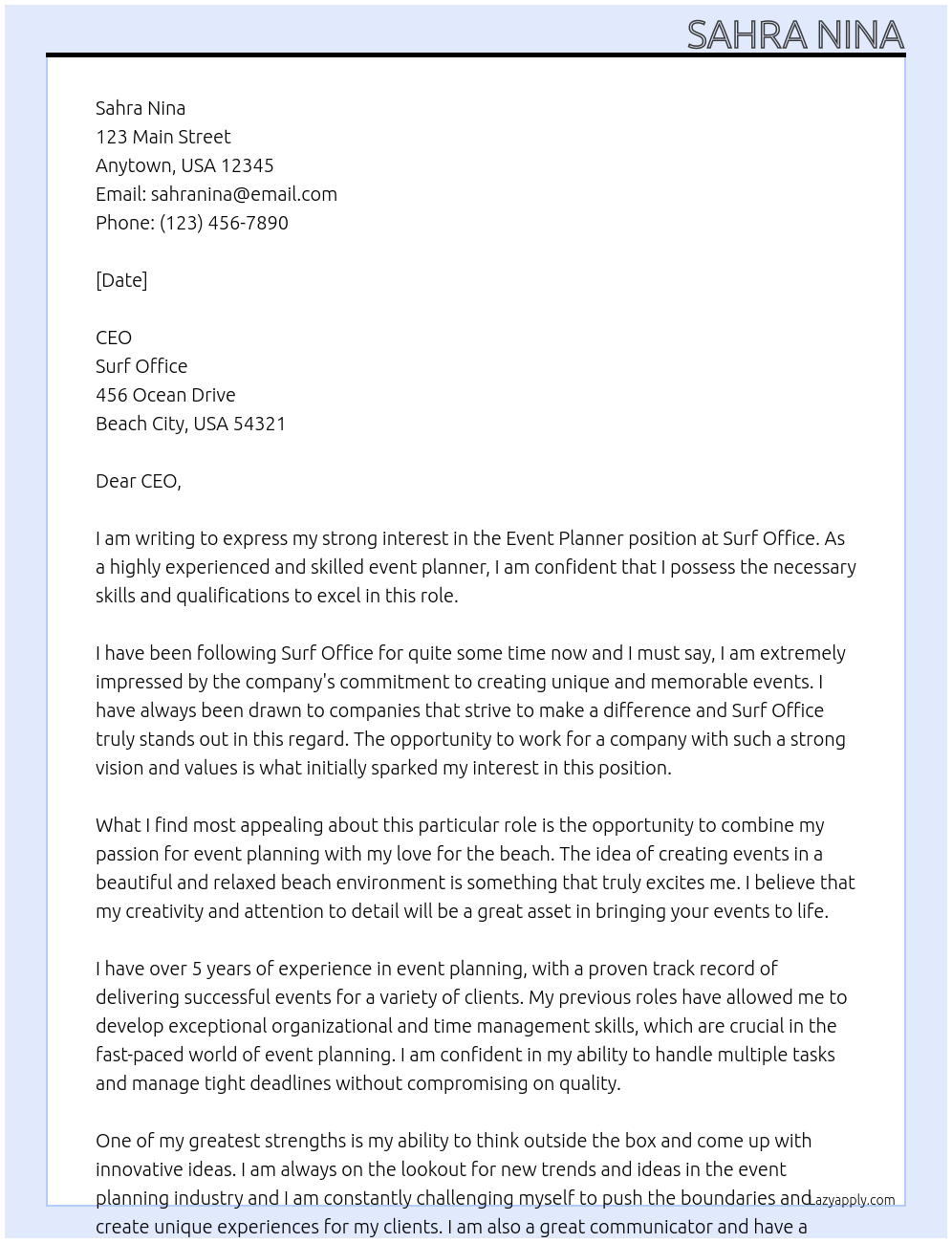 Event planner At Surf office Cover Letter