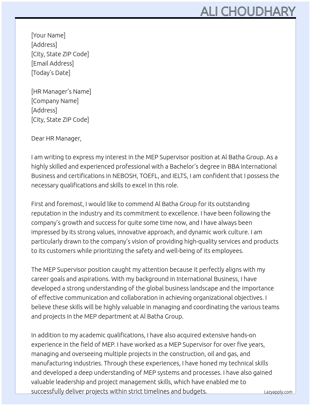 MEP Supervisor At AL BATHA GROUP Cover Letter