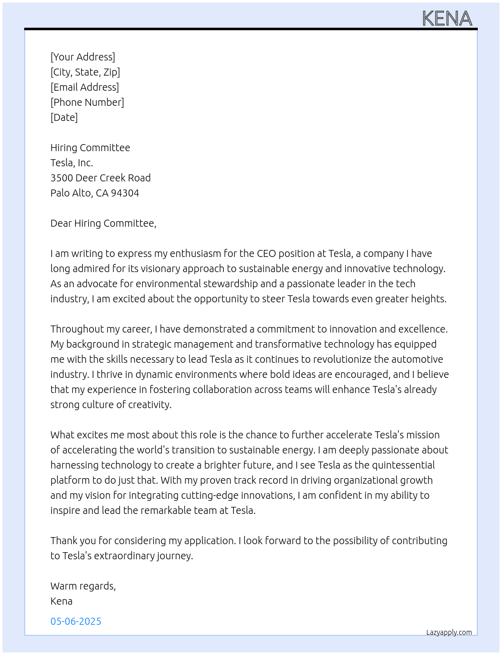 ceo At tesla Cover Letter