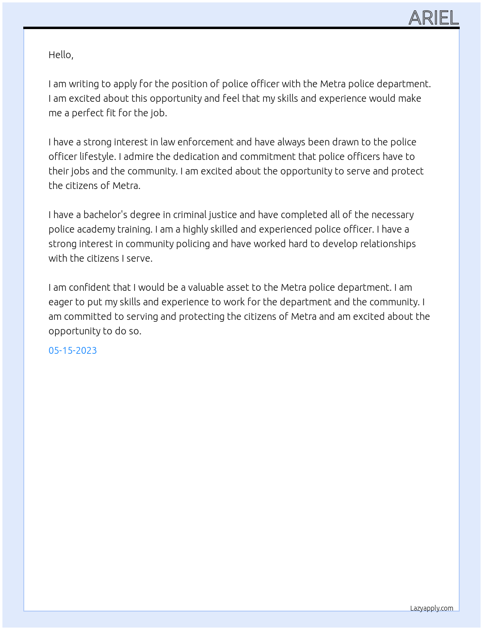 Police officer At metra police department Cover Letter