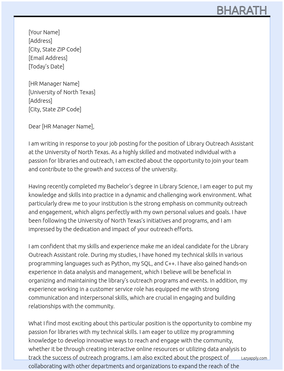 library outreach assistant At University of North Texas Cover Letter