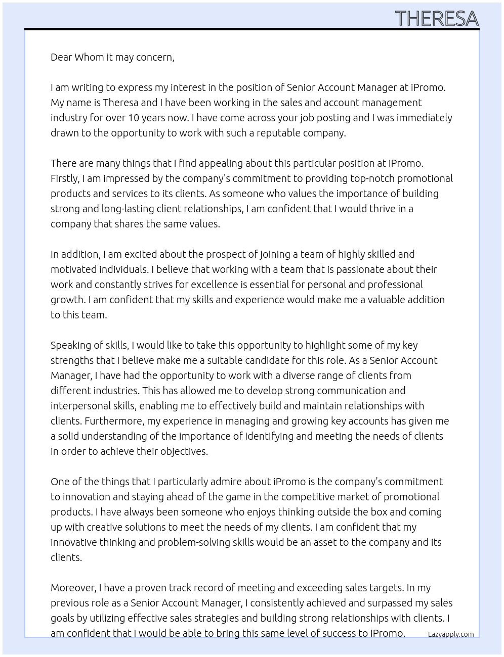 Senior Account Manager At iPromo Cover Letter