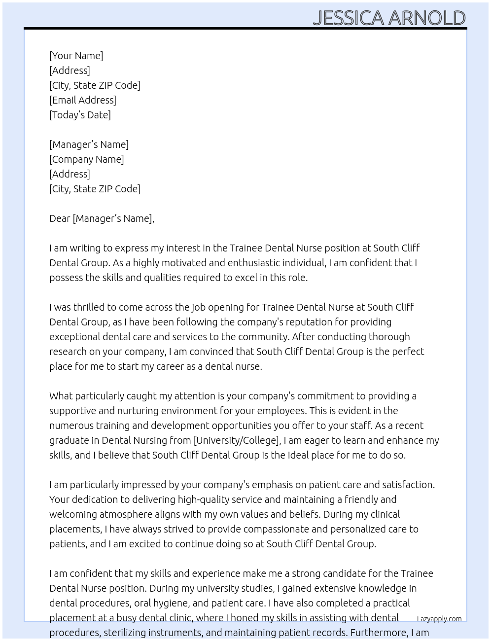 Trainee Dental Nurse At South Cliff Dental Group Cover Letter