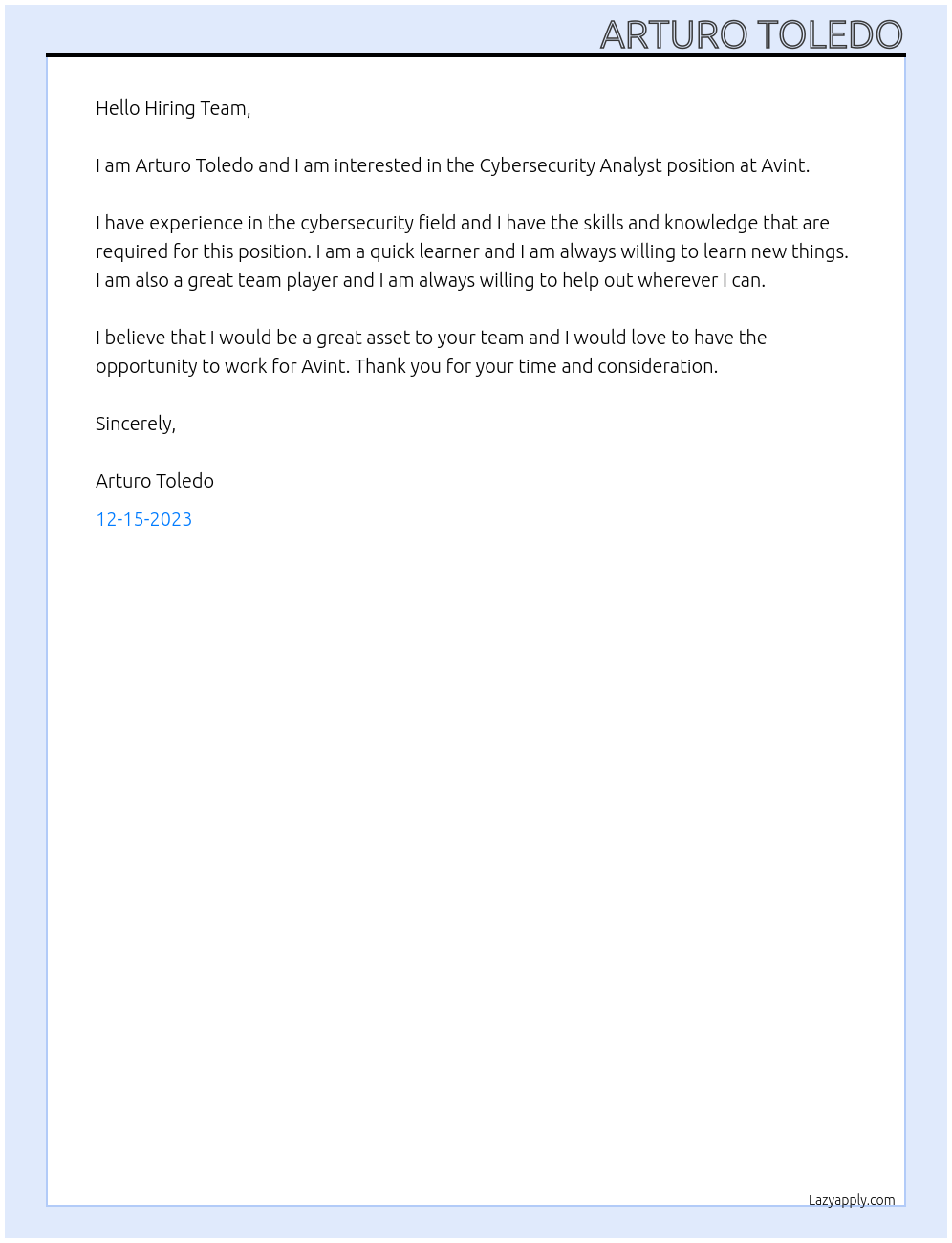 Cybersecurity Analyst At Avint Cover Letter