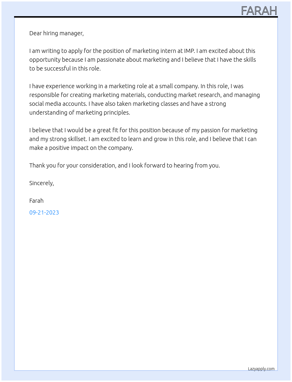 marketing intern  At IMP Cover Letter