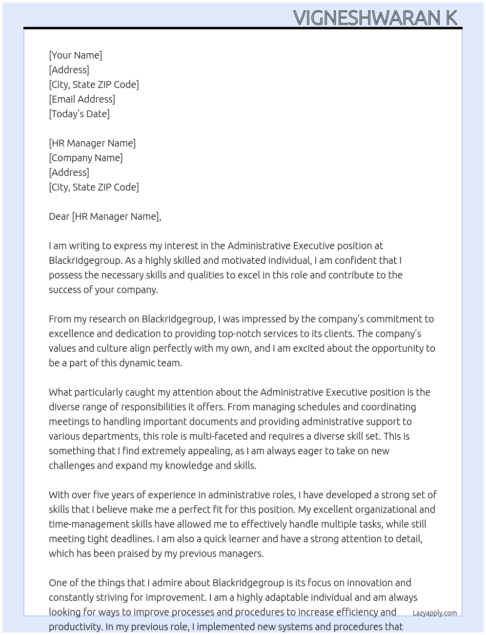 Administrative executive At Blackridgegroup Cover Letter