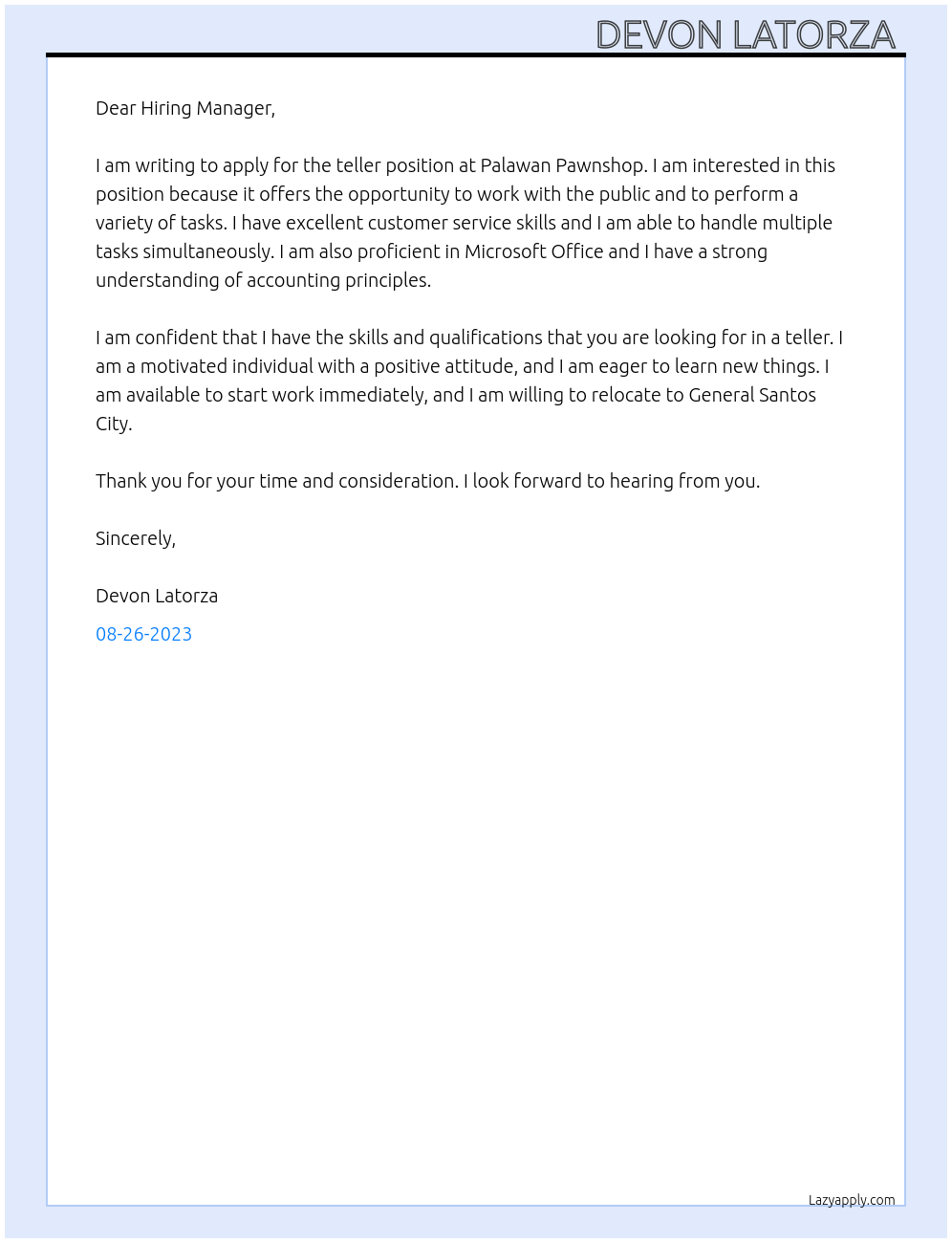 Teller At Palawan pawnshop Cover Letter