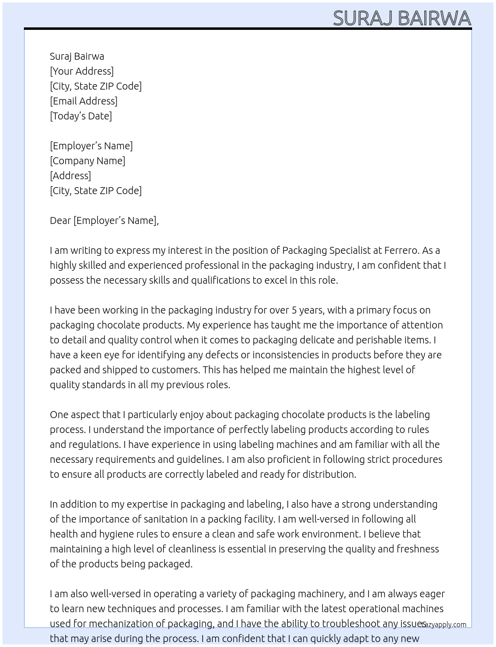 Packing At Ferrero Cover Letter