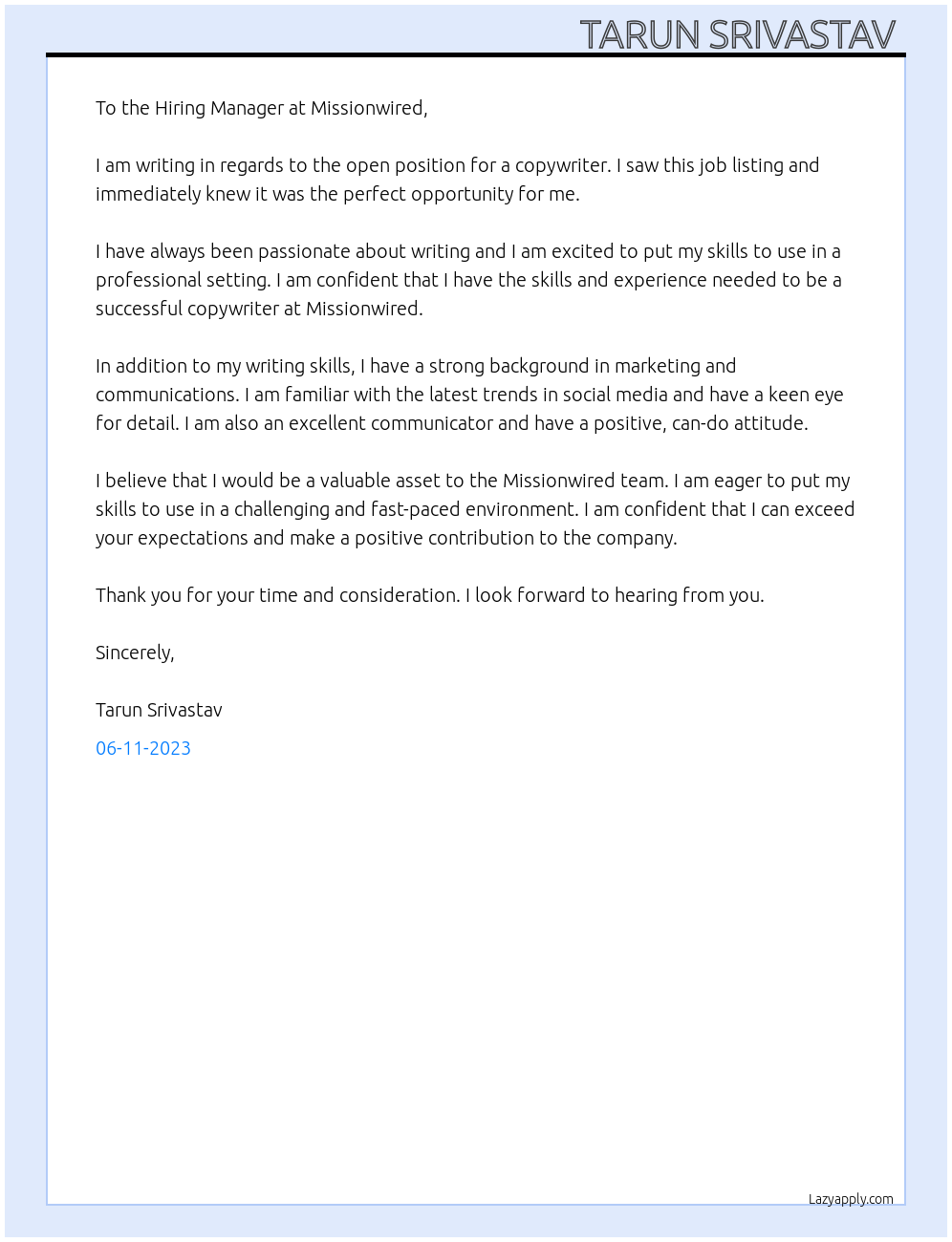 Copywriter At Missionwired Cover Letter