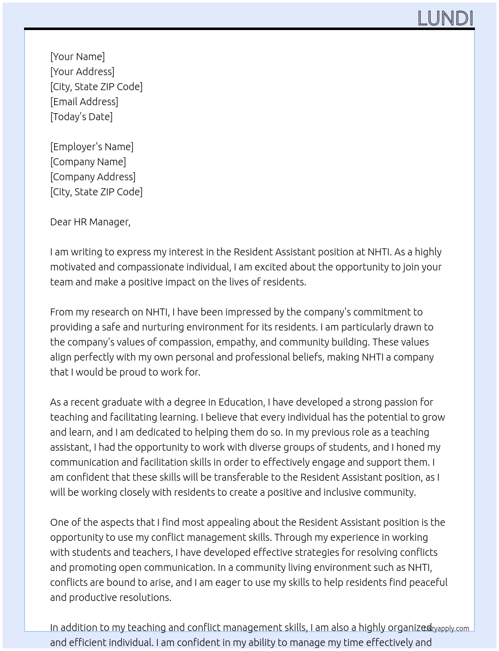 Resident Assistant At NHTI Cover Letter