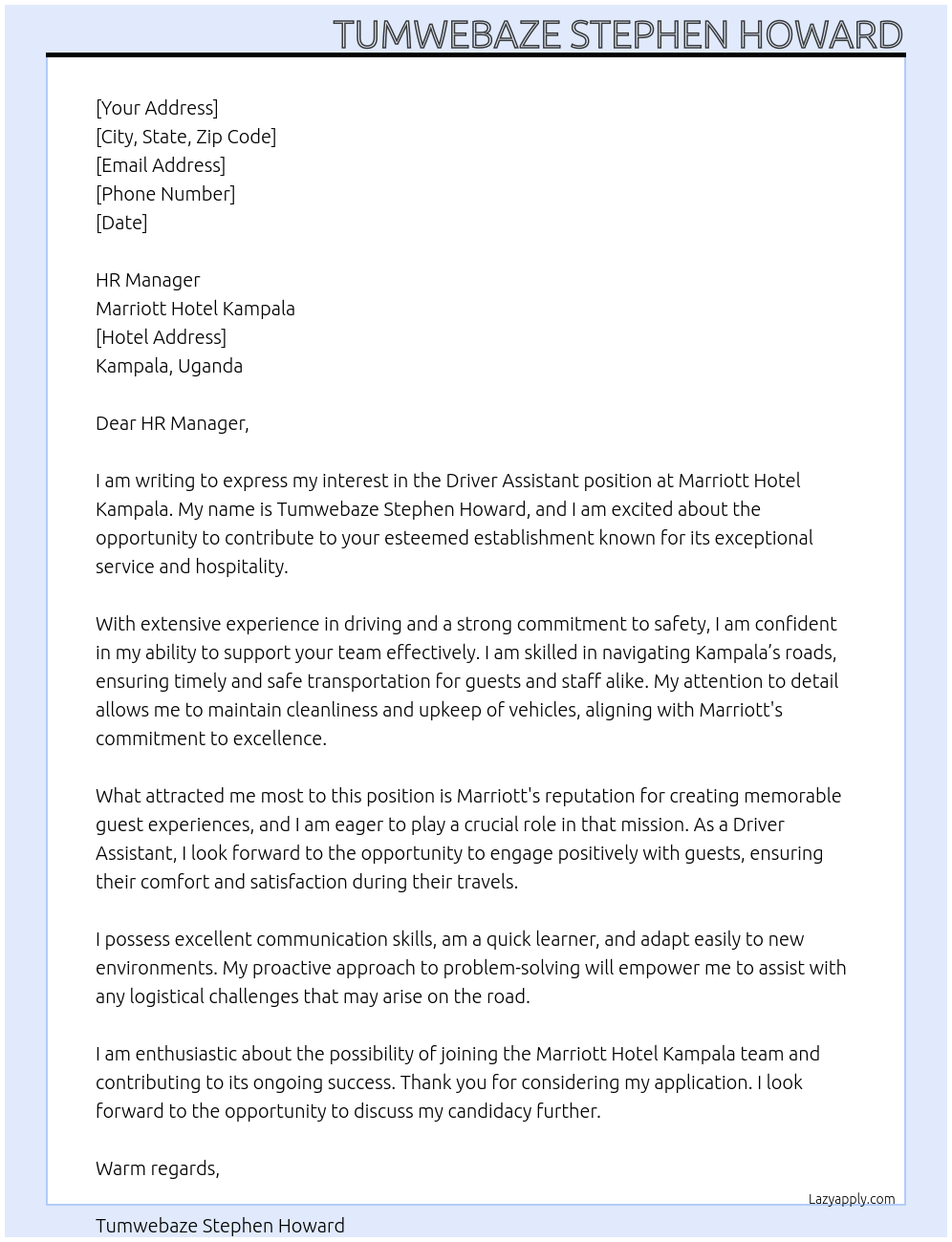 driver  At Marriott Hotel Kampala  Cover Letter