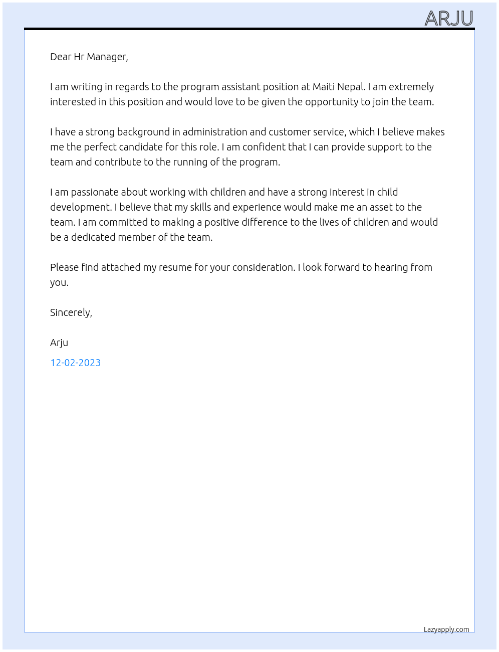 program assistant At Maiti Nepal Cover Letter